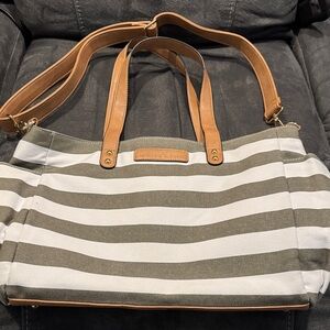 White Elm Elegant Striped Canvas Tote with Tan Leather Accents (Olive & White)
